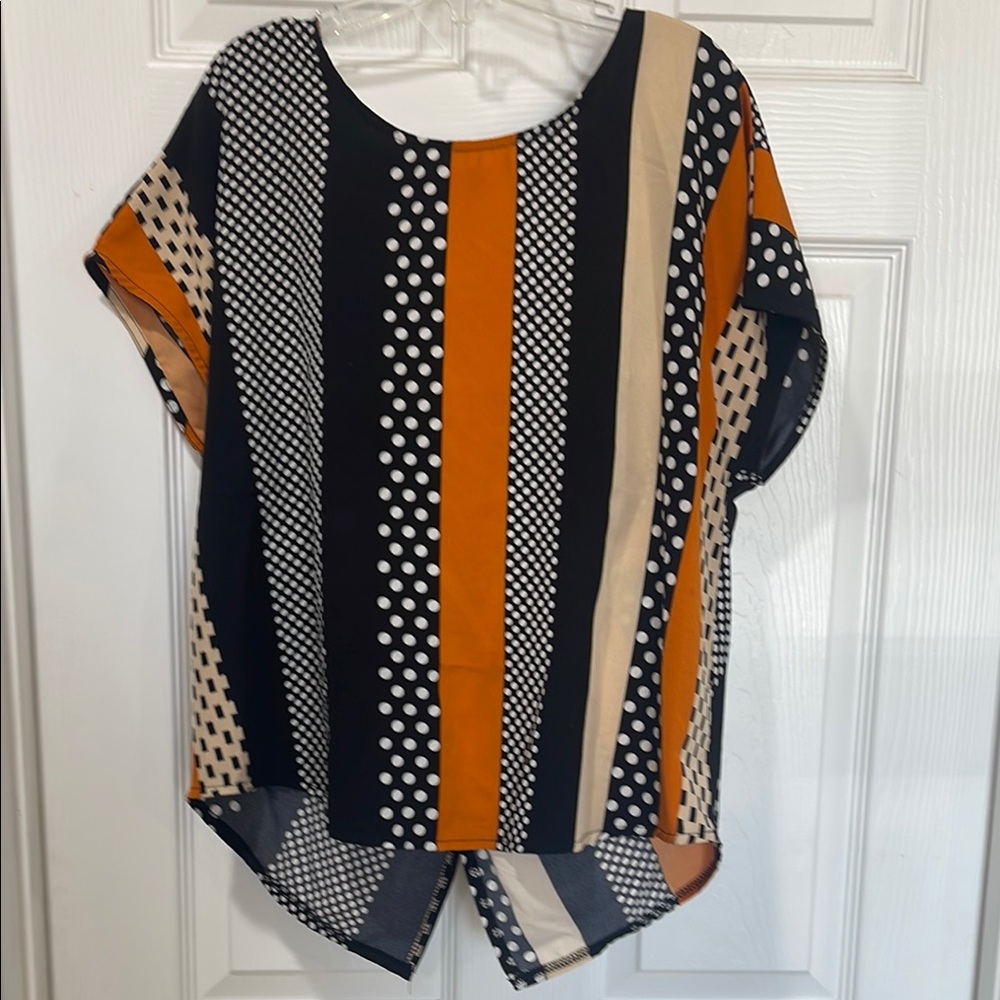 SHEIN Orange and Black Asymmetrical Short Sleeve Blouse